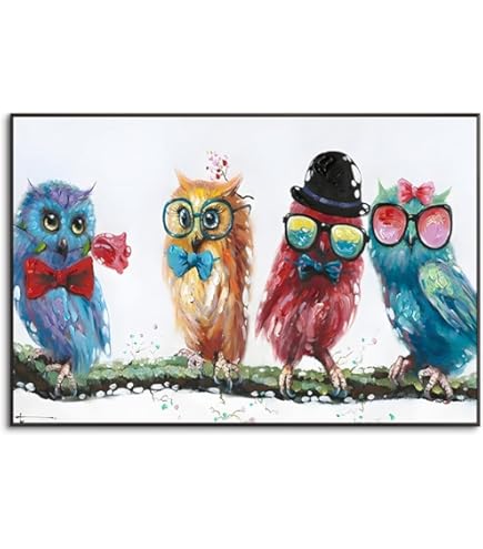 Amazon.co.jp: 絵画 ふくろう 壁掛け インテリア キュートオウル 4匹の